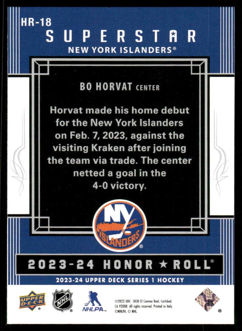 2023-24 Upper Deck Honor Roll Bo Horvat #HR-18 card back image