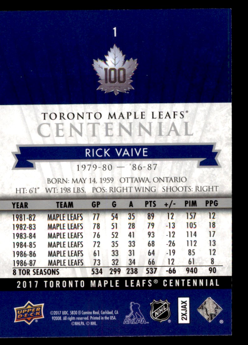 2017-18 Upper Deck Toronto Maple Leafs Centennial Rick Vaive #1 card back image
