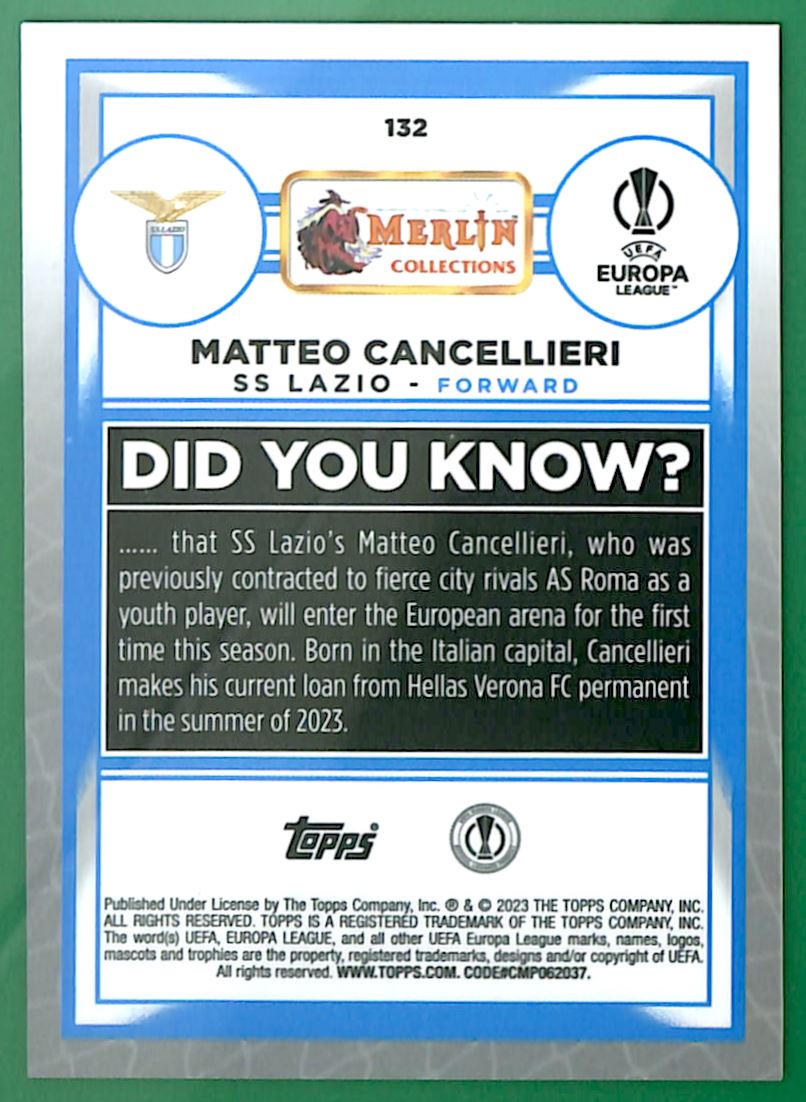 2022 Merlin Chrome UEFA Club Competitions Matteo Cancellieri #132 card back image