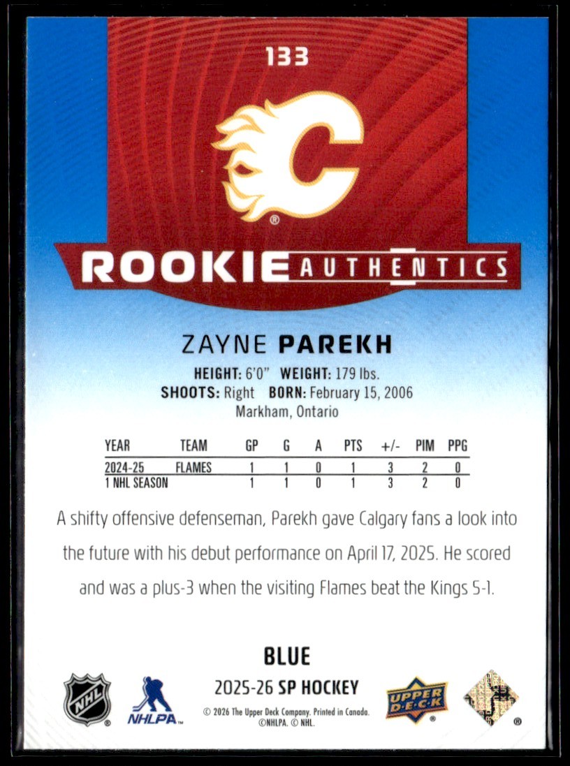 2025-26 Upper Deck SP Rookie Authentics Blue Zayne Parekh RC