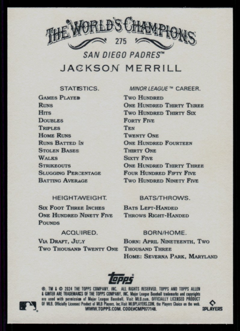 2024 Topps Allen & Ginter JACKSON MERRILL #275 card back image
