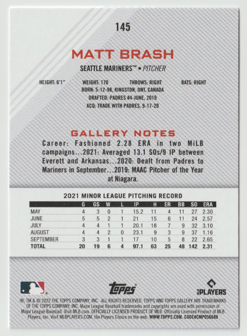 2022 Topps Gallery Printer Proof Matt Brash #145 card back image