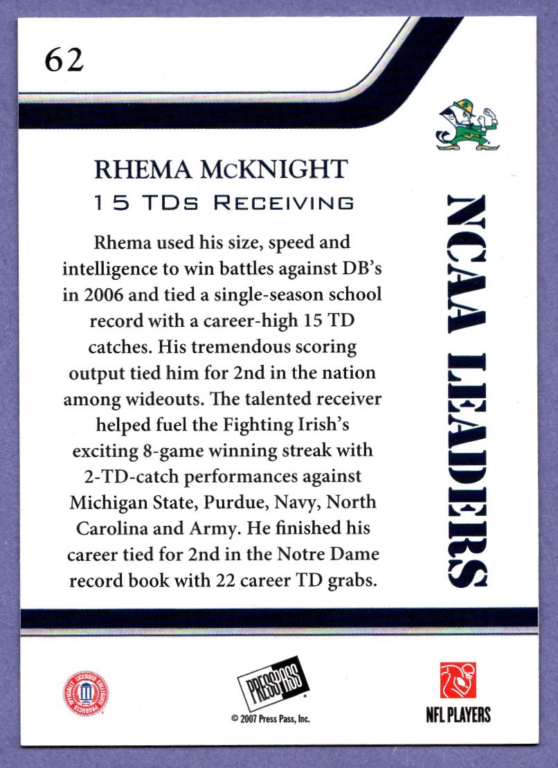 2007 Press Pass Reflectors Rhema McKnight #62 card back image