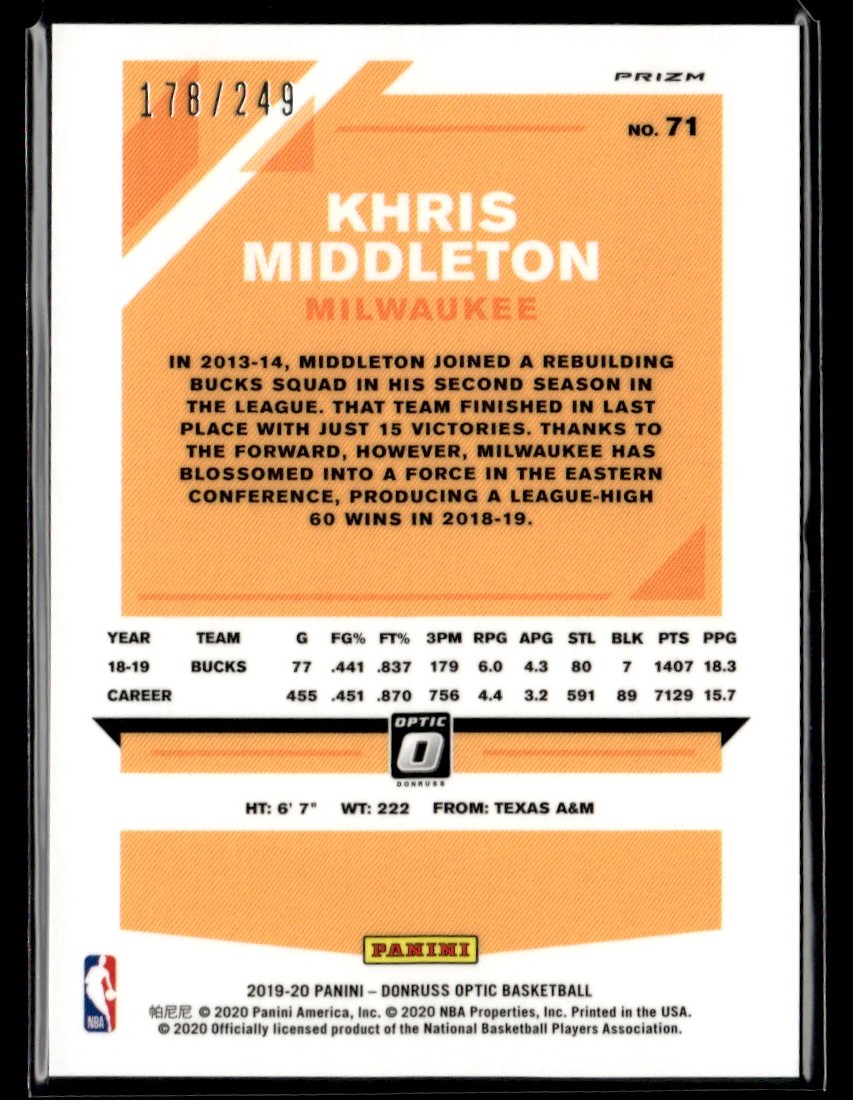 2019-20 Donruss Optic Premium Box Set Khris Middleton #71 card back image