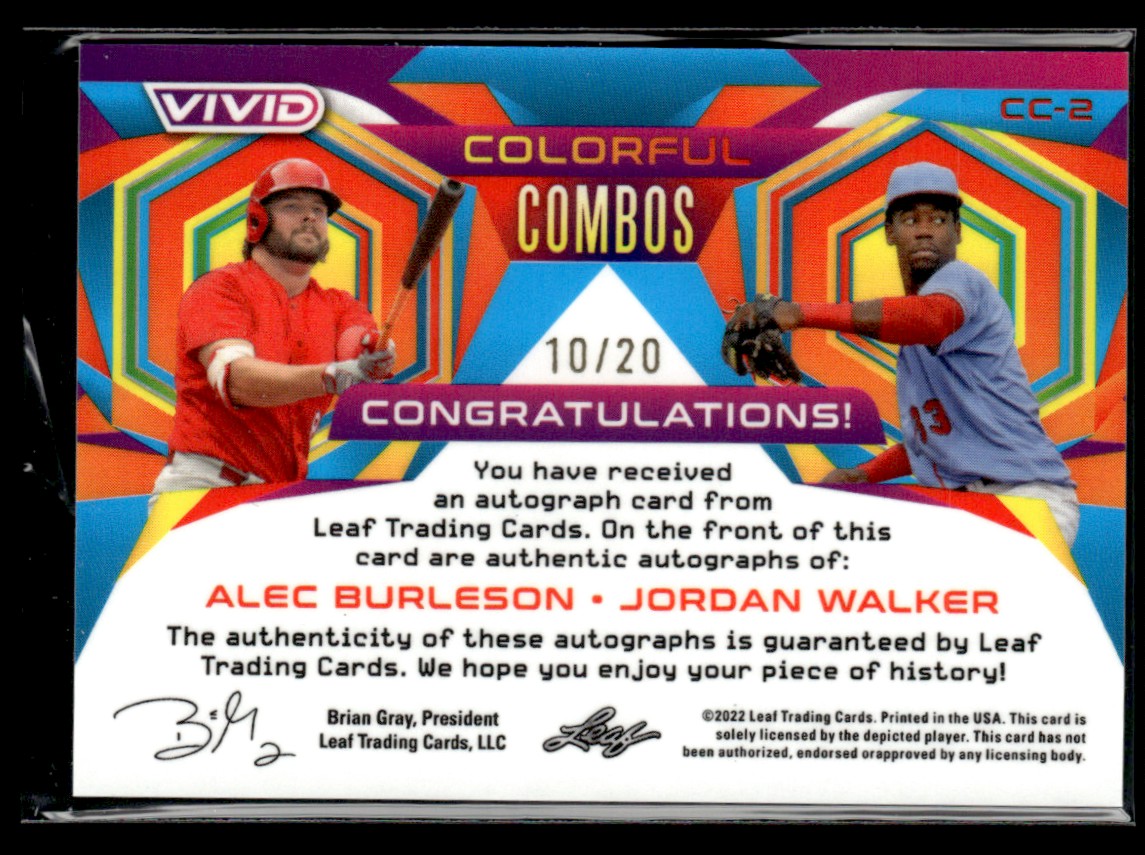 2022 Leaf Vivid Colorful Combos Dual Black Autographs Alec Burleson/Jordan Walker #CC-2 card back image