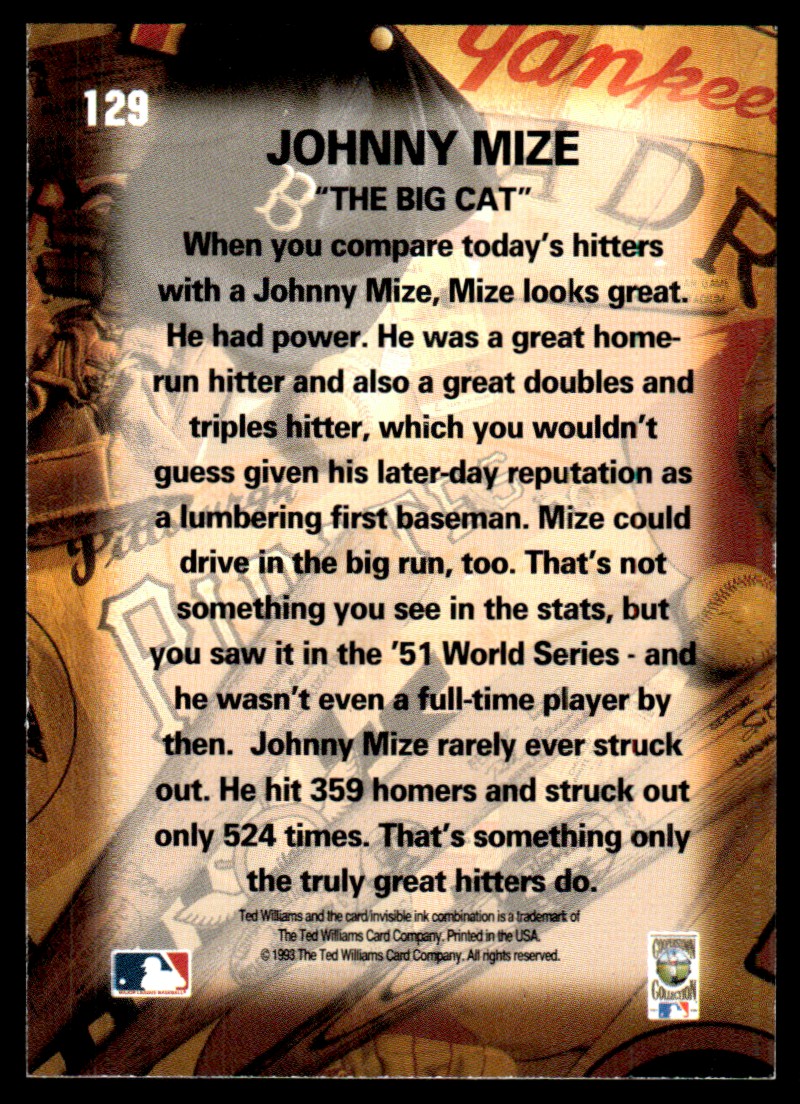 1993 Ted Williams Card Company Johnny Mize #129 card back image