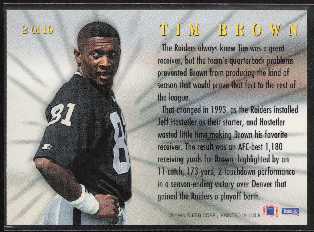 1994 Fleer League Leaders Tim Brown #2 card back image