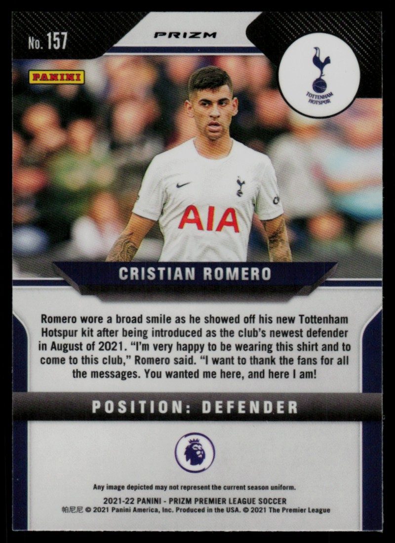 2021 Panini Prizm Premier League Red Wave Cristian Romero #157 card back image