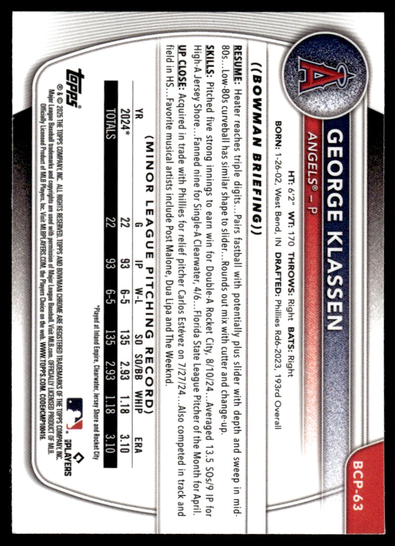 2025 Bowman Chrome Prospects George Klassen #BCP-63 card back image
