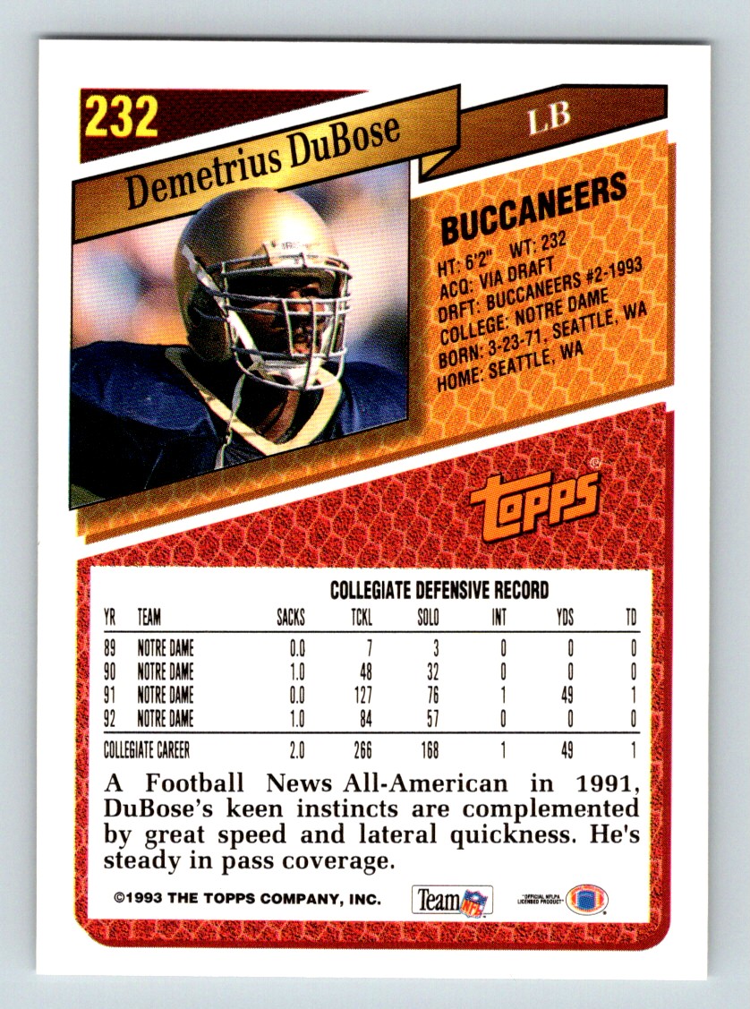 1993 Topps Demetrius DuBose #232 card back image