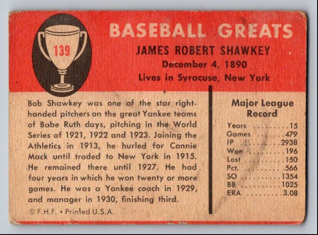 1961 Fleer Baseball Greats Base Bob Shawkey #139 card back image