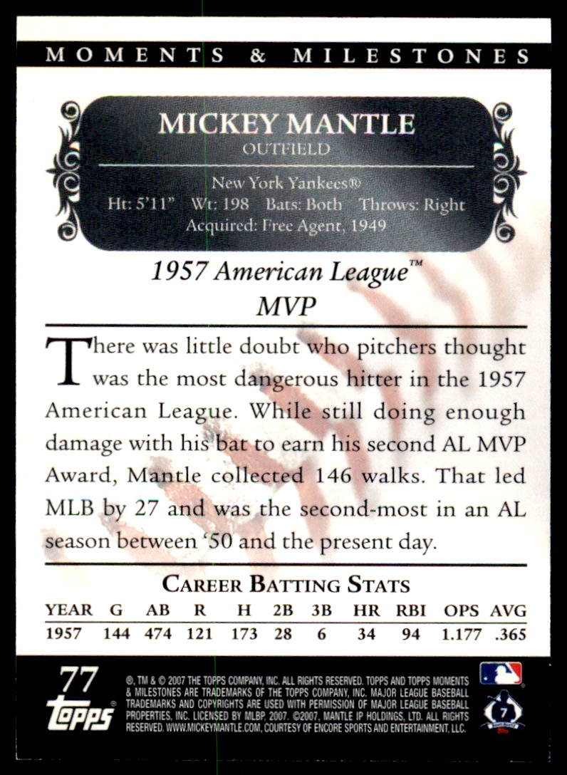 2007 Topps Moments & Milestones Mickey Mantle #77 card back image