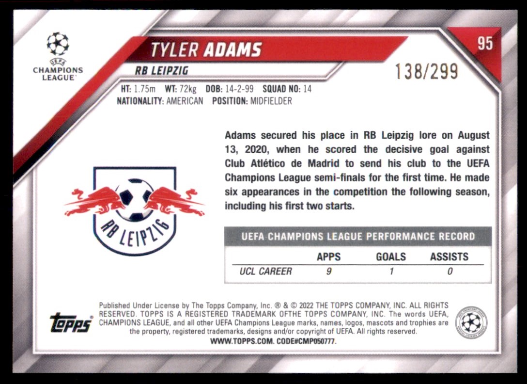 2021 Topps UEFA Champions League Aqua Foil Tyler Adams #95 card back image