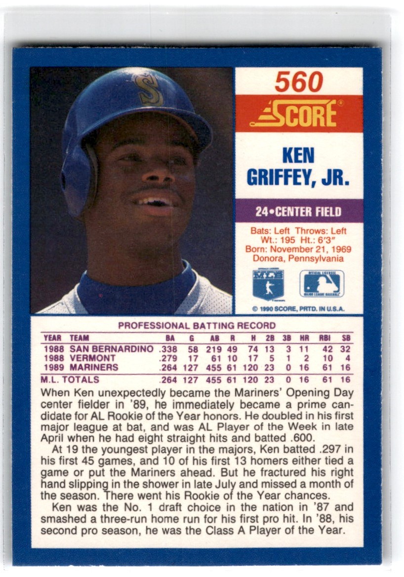 1990 Score Ken Griffey Jr. #560 card back image