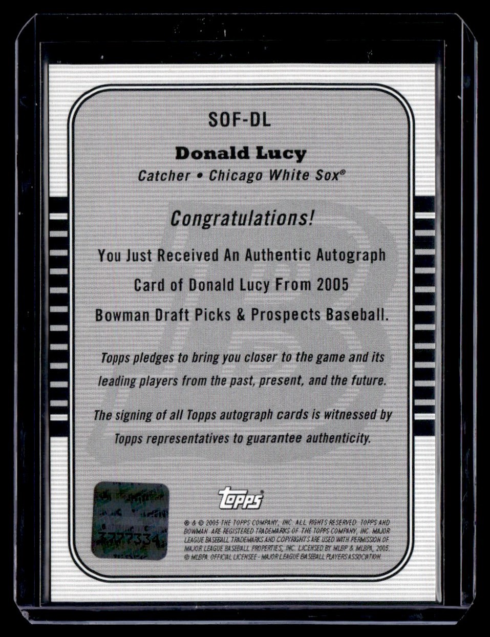 2005 Bowman Draft Picks & Prospects Signs of the Future Donald Lucy #SOF-DL card back image