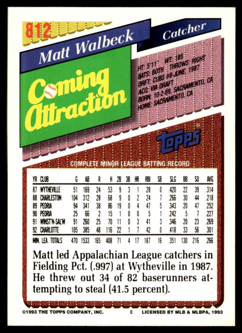 1993 Topps Coming Attraction Matt Walbeck #812 card back image