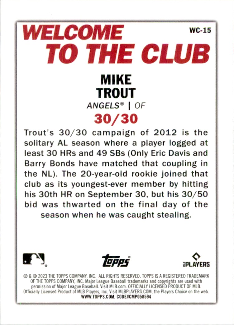 2023 Topps Welcome to the Club 30/30 Mike Trout #WC-15 card back image