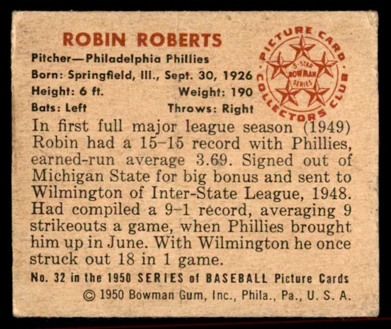 1950 Bowman Robin Roberts #32 card back image