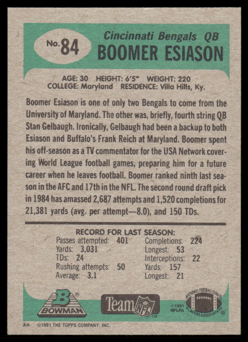1991 Bowman Boomer Esiason #84 card back image