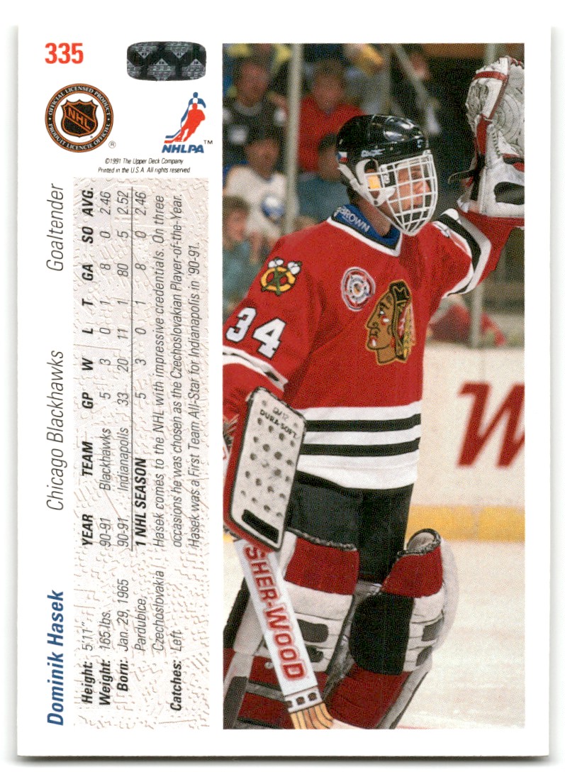 1991-92 Upper Deck Hockey Card Dominik Hasek #335 RC Chicago