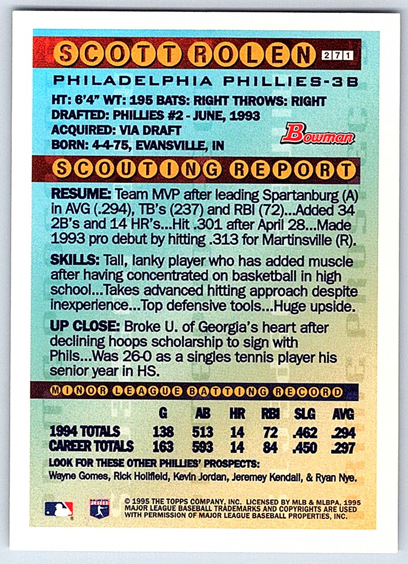 Scott Rolen Philadelphia Phillies 1995 Bowman # 271 Rookie Card
