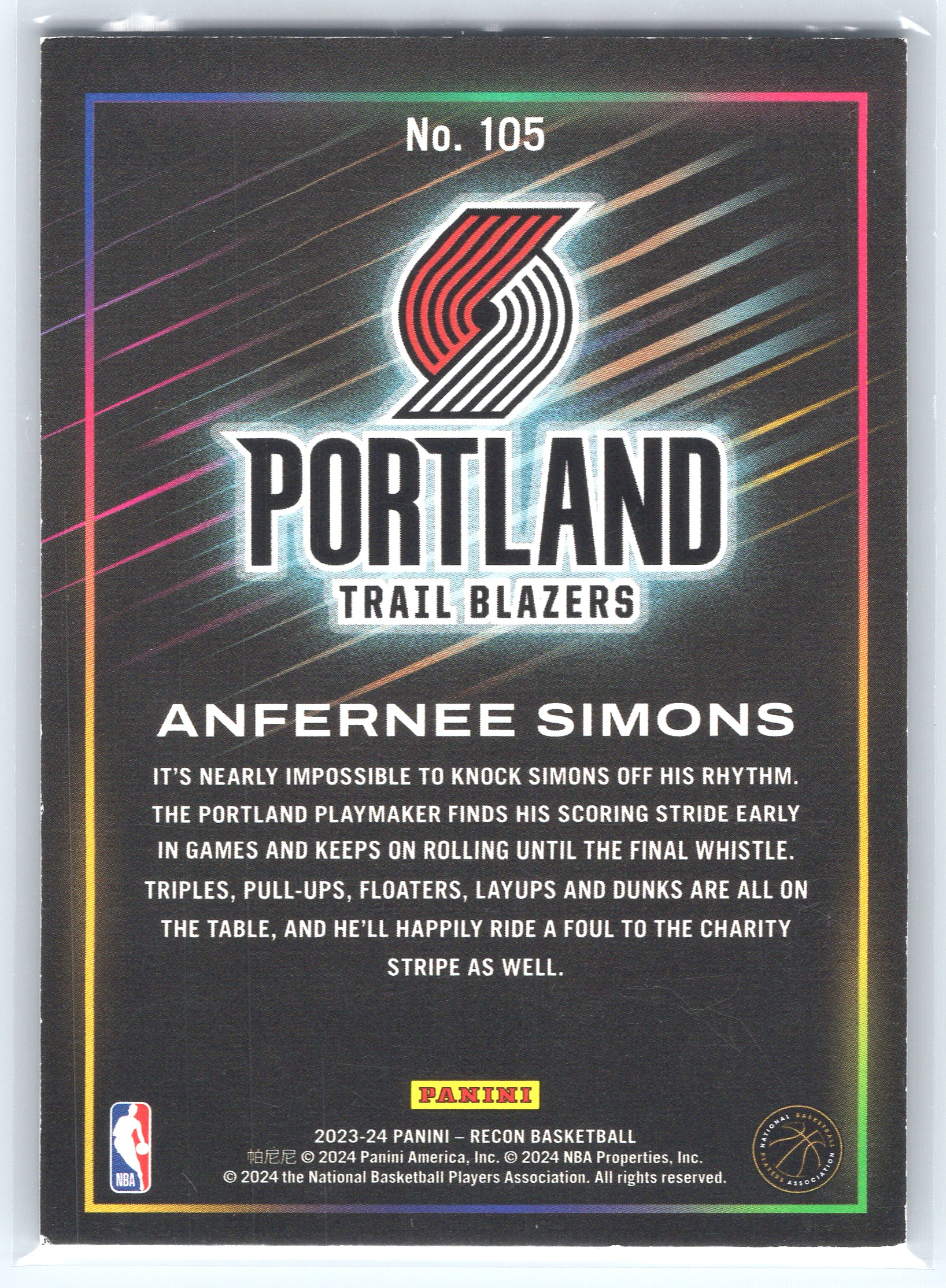 2023-24 Panini Recon Anfernee Simons #105 card back image