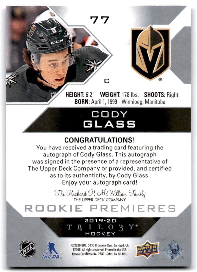 2019-20 Upper Deck Trilogy Silver Foil Auto – Common Rookies - Tier 2 #3 Cody Glass #77 card back image