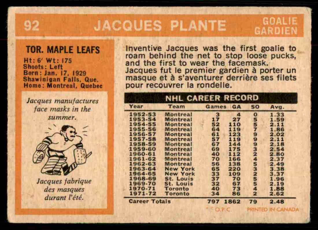 1972-73 O-Pee-Chee Jacques Plante #92 card back image