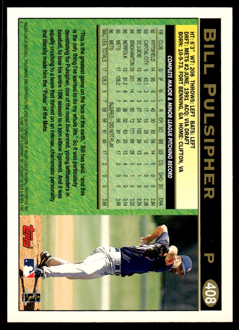 1997 Topps Baseball Card Bill Pulsipher #408 card back image