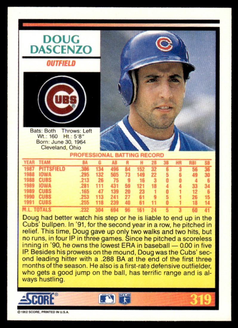 1992 Score Doug Dascenzo #319 card back image