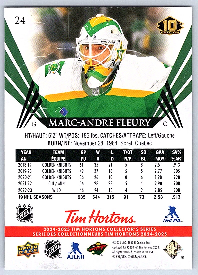 2024-25 Upper Deck 10th Edition Tim Horton's Marc-André Fleury