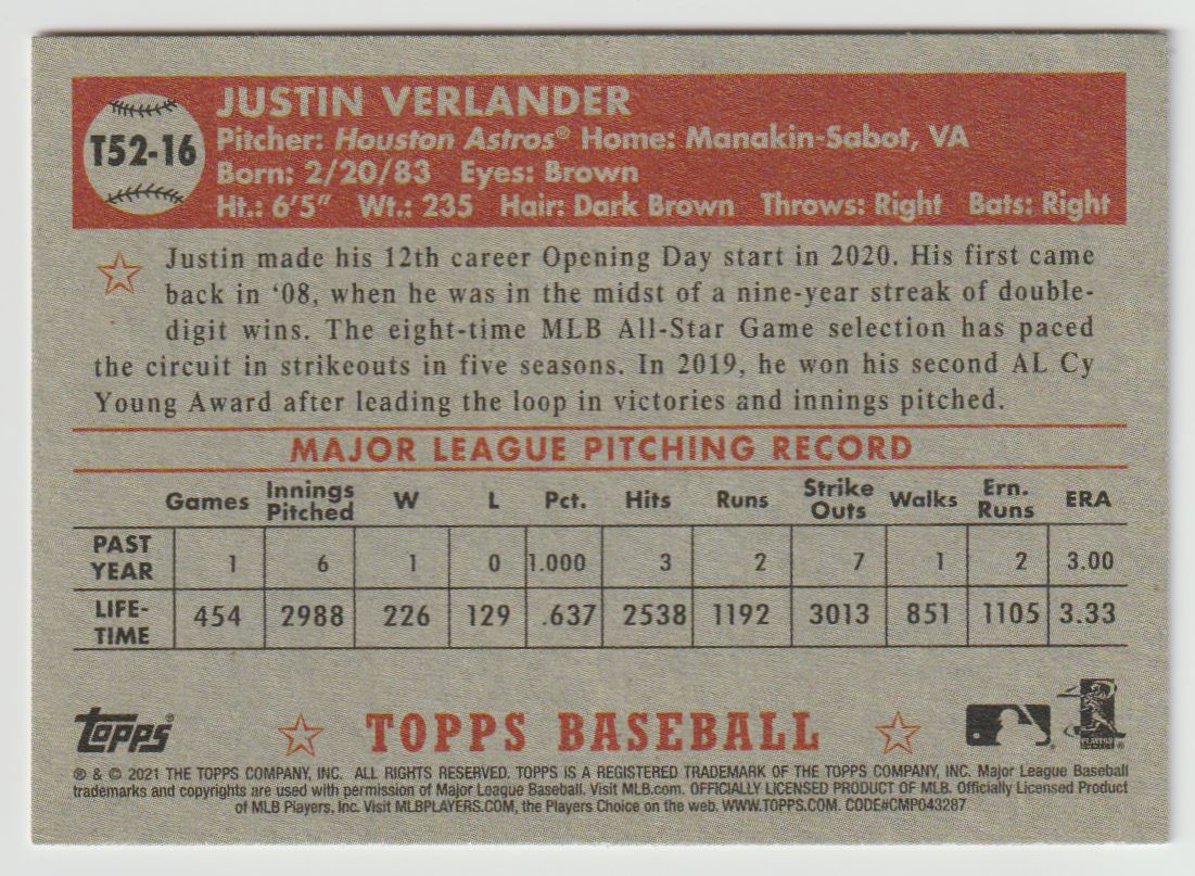 2021 Topps 1952 Redux Justin Verlander #T52-16 card back image