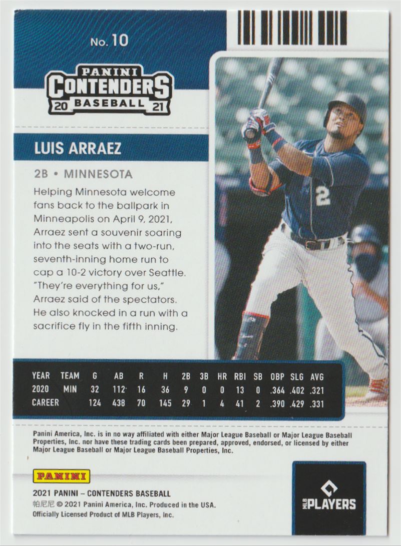 2021 Panini Contenders Season Ticket Blue Luis Arraez #10 card back image