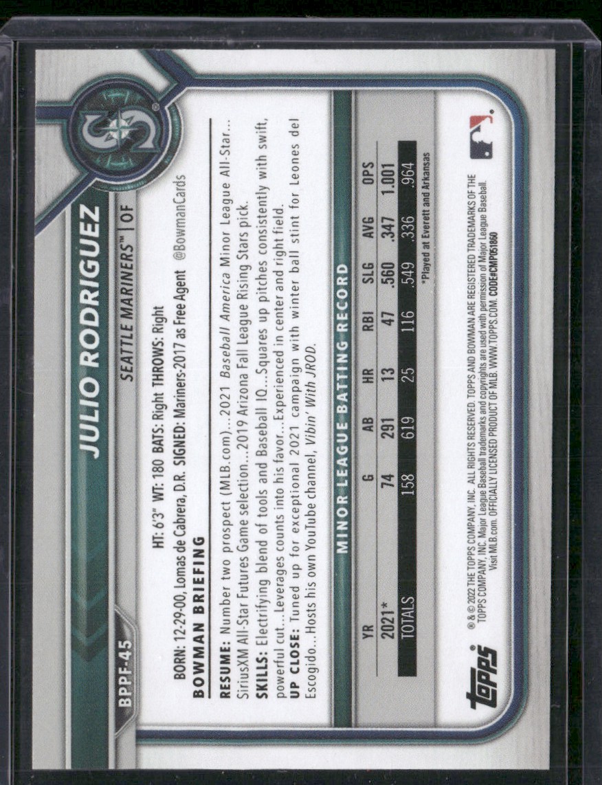 2022 Bowman 1st Edition Julio Rodriguez #BPPF-45 card back image