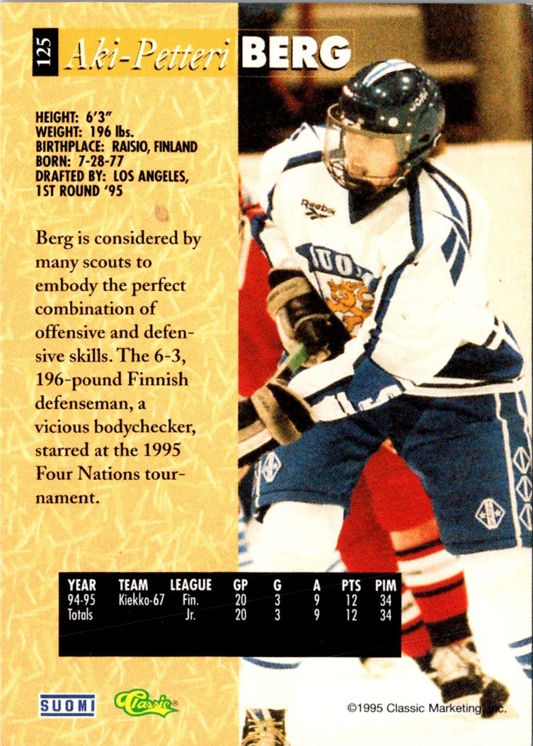 1995-96 Classic Aki-Petteri Berg #125 card back image