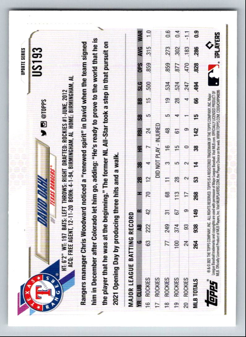 2021 Topps Update David Dahl #US193 card back image
