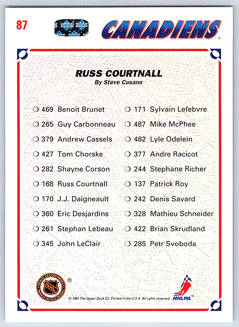 1991-92 Uppwer Deck Collector's Choice Russ Courtnall #87 card back image