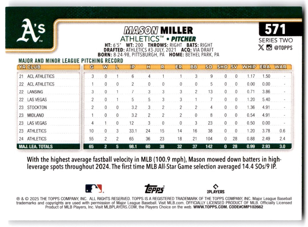 2025 Topps Series Two Mason Miller Athletics #571 | eBay