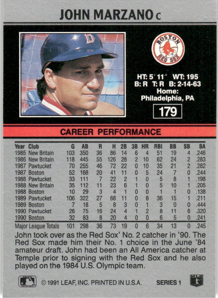 1991 Leaf Major League MLB Baseball John Marzano #179 card back image