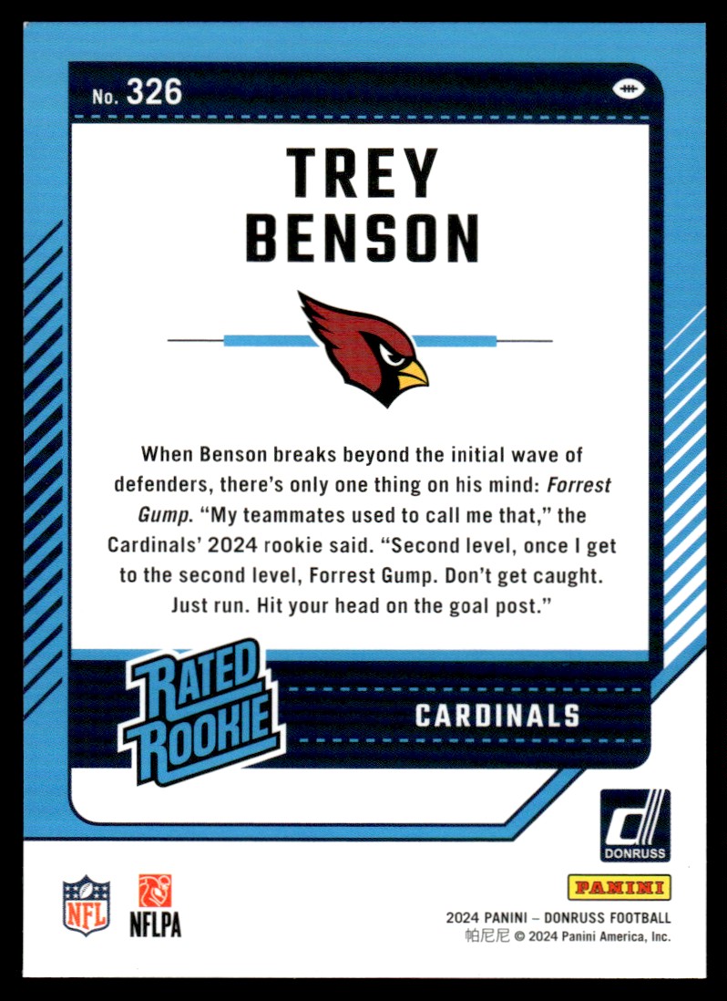 2024 Panini Donruss Rated Rookie Trey Benson #326 card back image