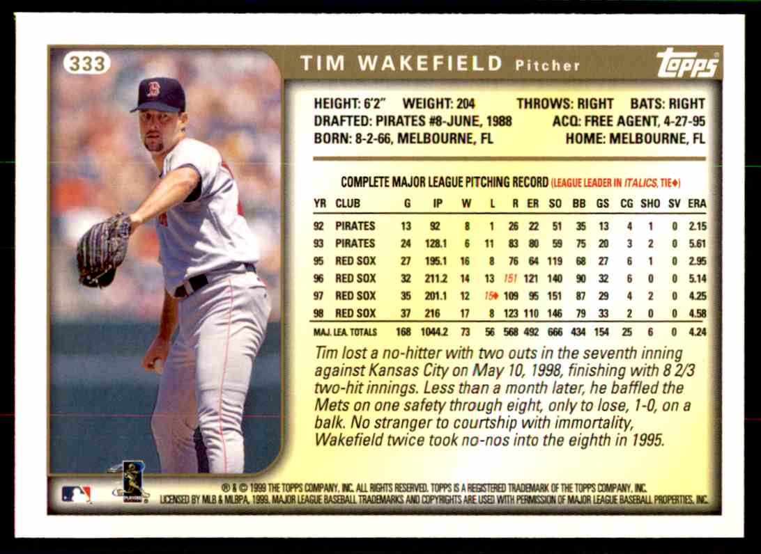 1999 Topps Tim Wakefield #333 card back image