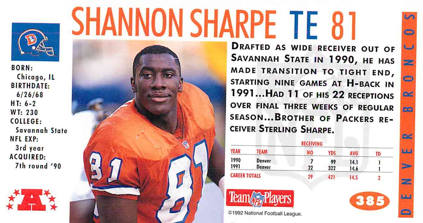 1992 Game Day Shannon Sharpe #385 on Kronozio