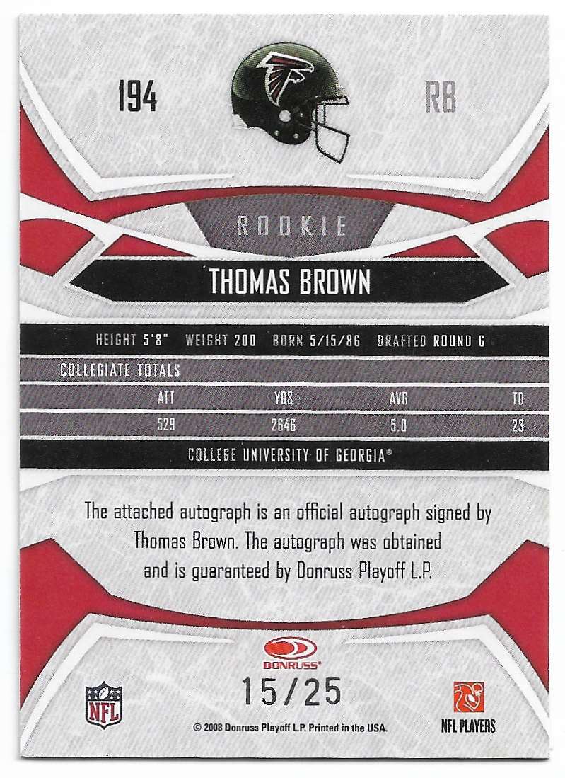 2008 Donruss Gridiron Gear Autographs Gold Holofoil Thomas Brown #194 card back image