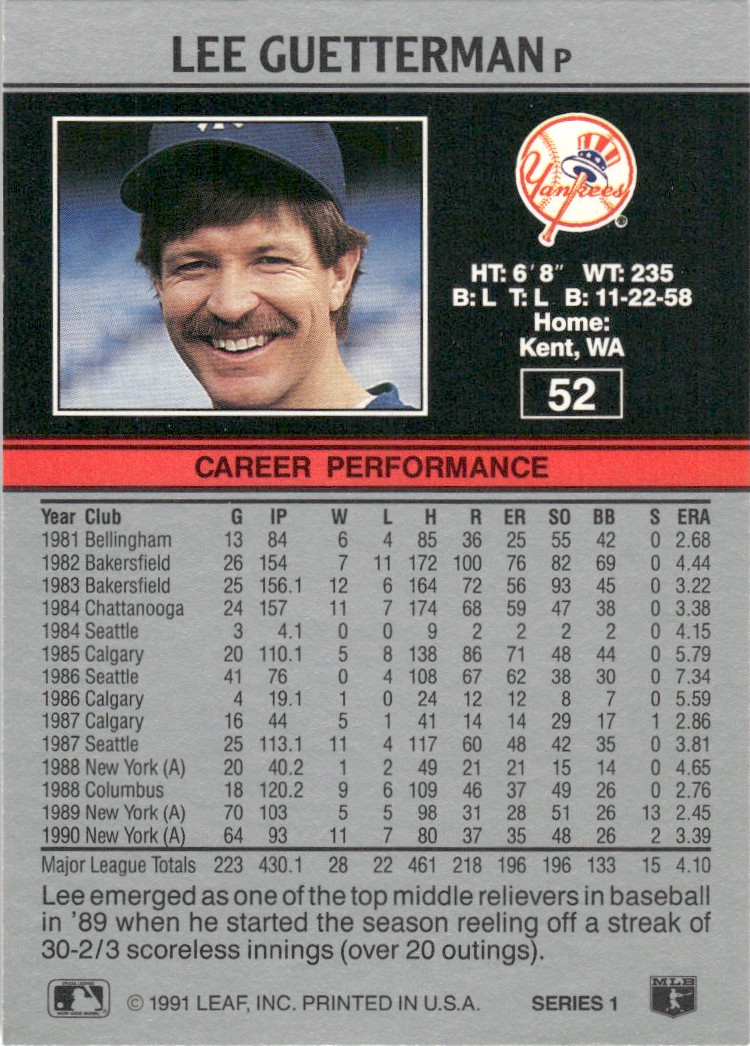 1991 Leaf Major League MLB Baseball Lee Guetterman #52 card back image