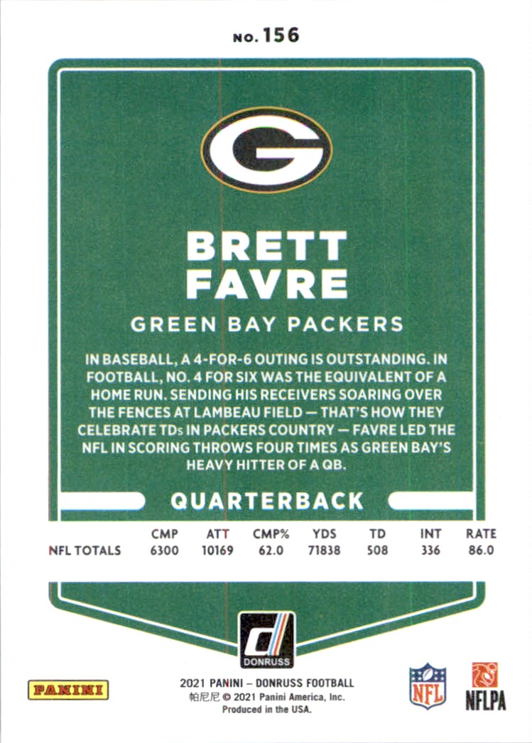 2021 Panini NFL Donruss Press Proof Gold Holo Premium Stock Brett Favre #156 card back image