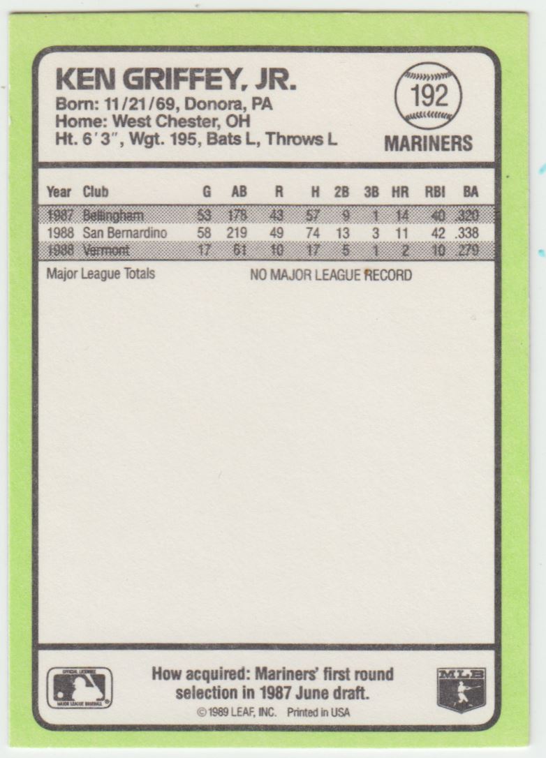 1989 Donruss Baseball's Best Ken Griffey Jr. #192 card back image