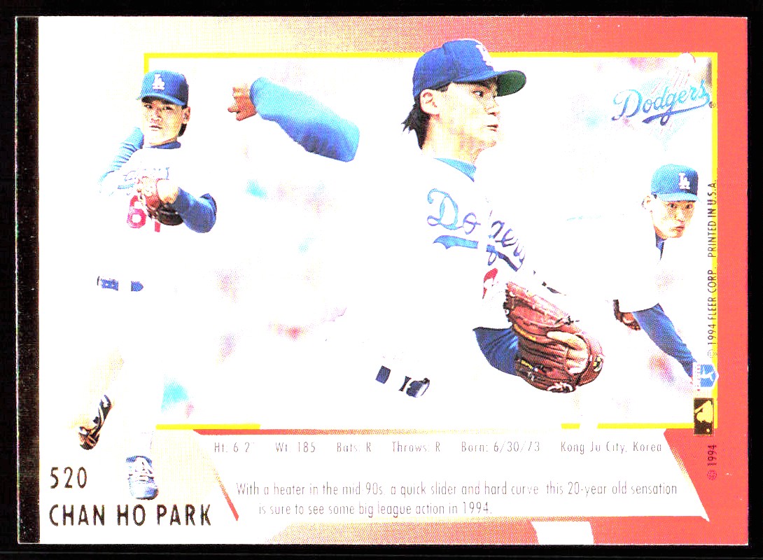 CHAN HO PARK 1994 FLEER ULTRA #520 RC LOS ANGELES DODGERS - Picture 2 of 3