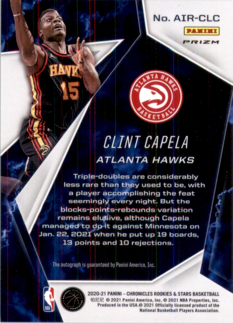 2020-21 Panini Chronicles Rookies and Stars Airborne Signatures Red Clint Capela #AIRCLC card back image