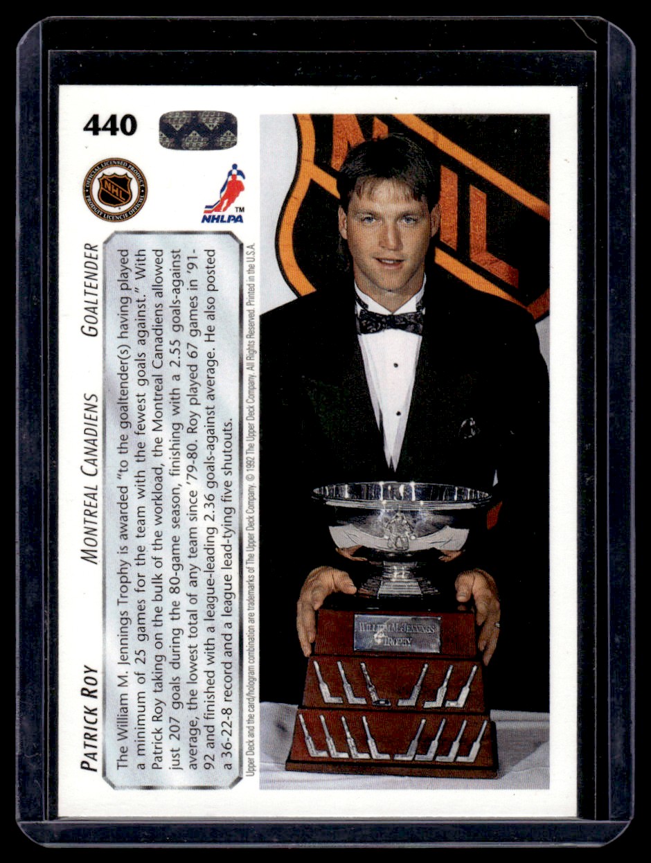 レア　DOWRY POLE PATRICK HUNT 1992-93 Upper Deck William Jennings Trophy Winner Patrick Roy #440