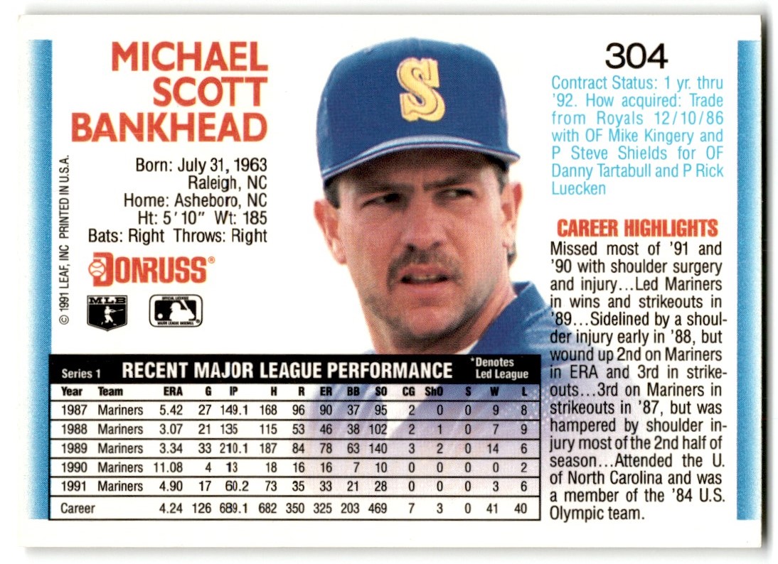1992 Donruss Scott Bakhead #304 card back image